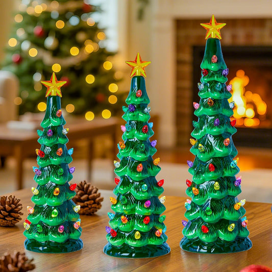 3Pcs/Set Pre-Lit Battery Operated Lighted Ceramic Christmas Trees with Multicolored LED Lights