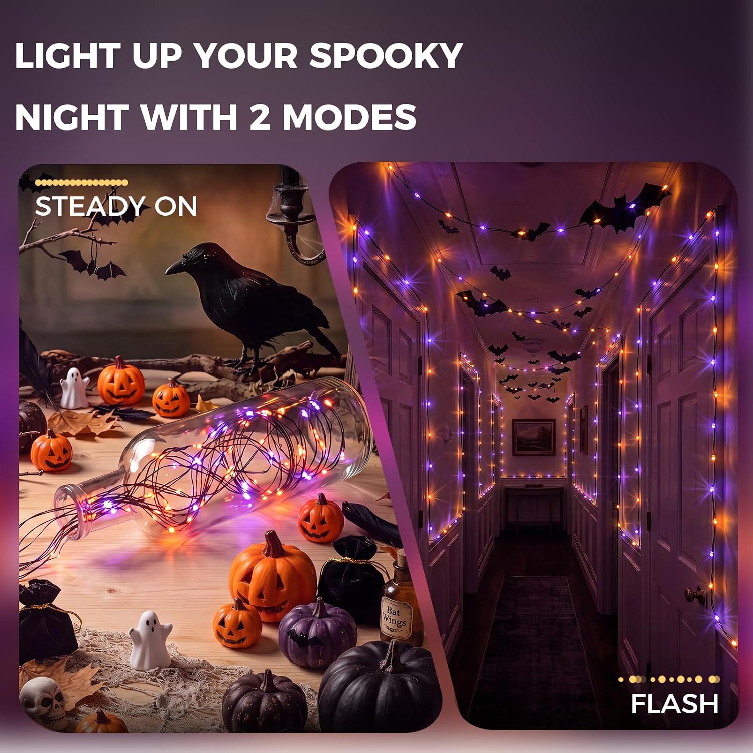 2Pack 16.4FT 50 LED Battery Operated String Light for Halloween Haunted House Party, Orange Purple