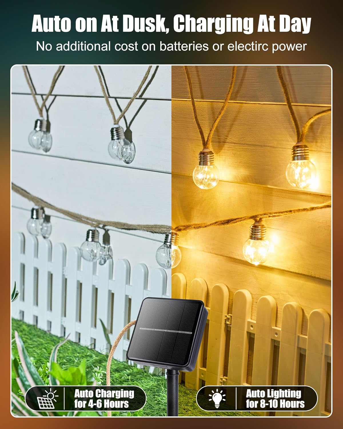30Ft Solar Powered Vintage Hemp Rope Lights with 15 Shatterproof Bulbs for Patio, Warm White