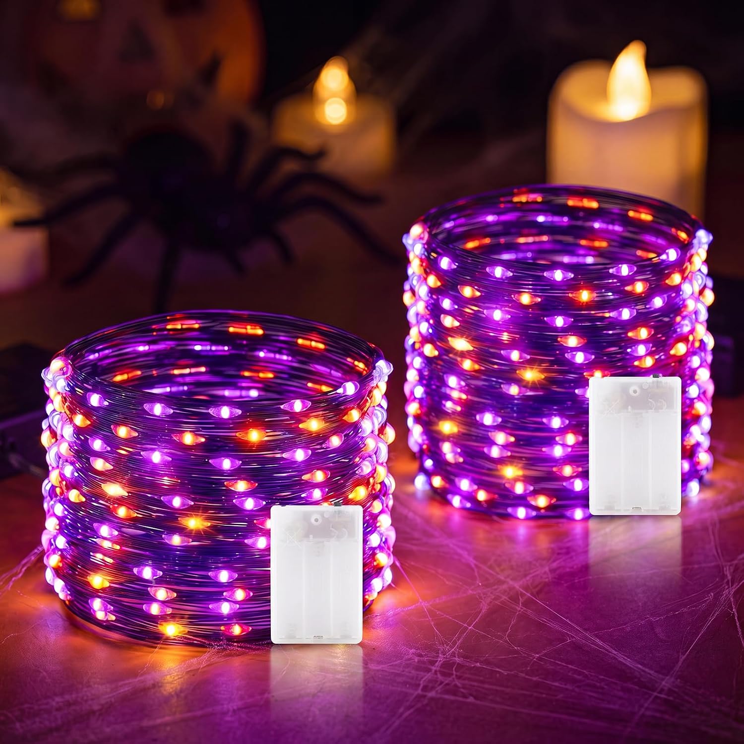 2Pack 16.4FT 50 LED Battery Operated String Light for Halloween Haunted House Party, Orange Purple