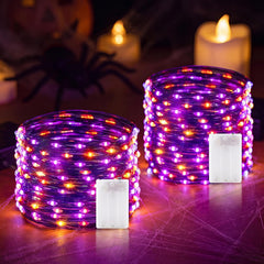 2Pack 16.4FT 50 LED Battery Operated String Light for Halloween Haunted House Party, Orange Purple