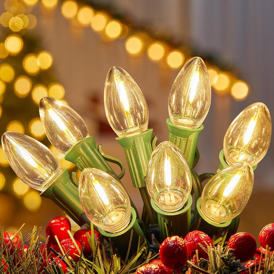 100FT C7 Clear LED Xmas String Lights Outdoor, 104 Connectable Vintage Lamps for Holiday Decor (4 Spare)