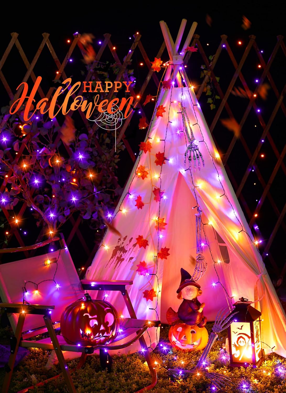 40FT 100 LED Solar String Lights for Halloween Haunted House Party, Black Wire, Orange & Purple