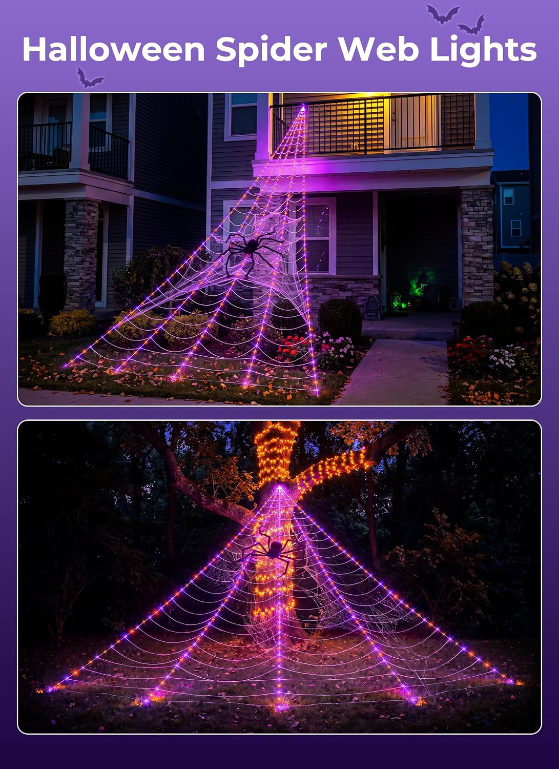 16.4Ft 225 LED Plug in Giant Spider Web Lights Set with Spider for Haunted House Halloween Decor
