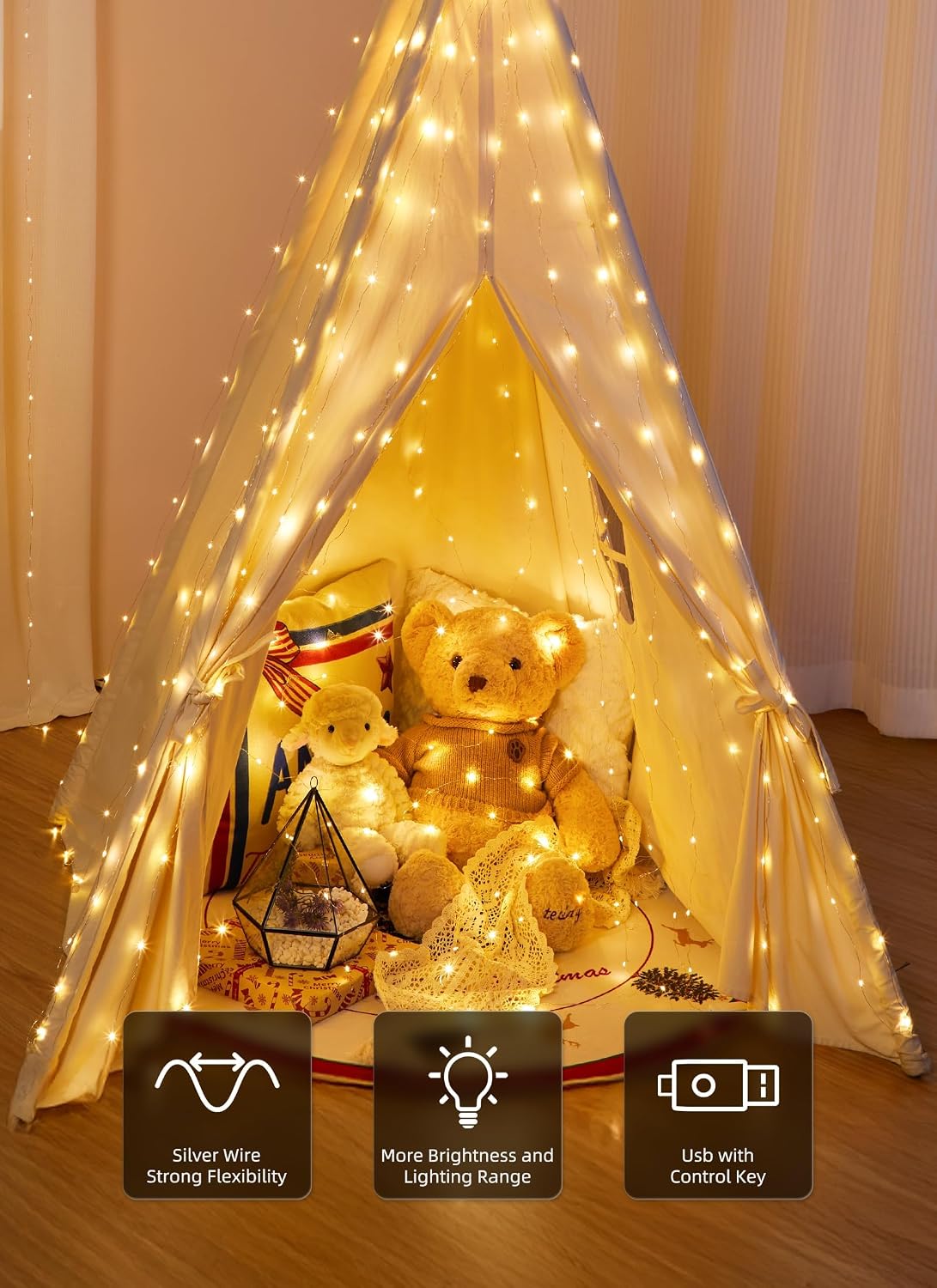 300 LED 9.8ft x 9.8ft Fairy Curtain Lights for Bedroom Christmas Decoration, USB Powered