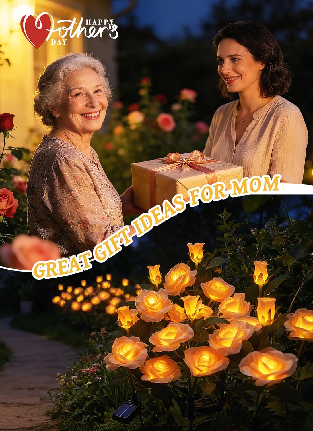 4 Pack Realistic Champagne Rose Flowers Solar Garden Pathway Lights for Yard & Patio Decorations