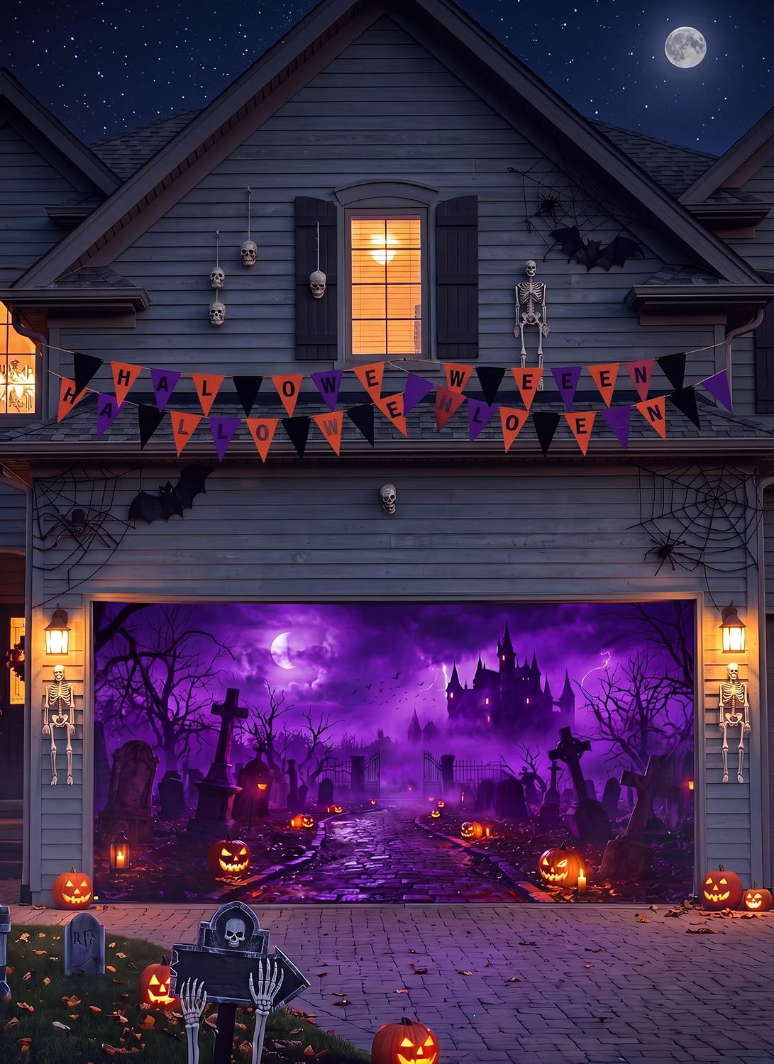 7x16ft Halloween Garage Cover for 2-Car Garage Door with Magnetic Hook and Ropes, Haunted Graveyard Castle