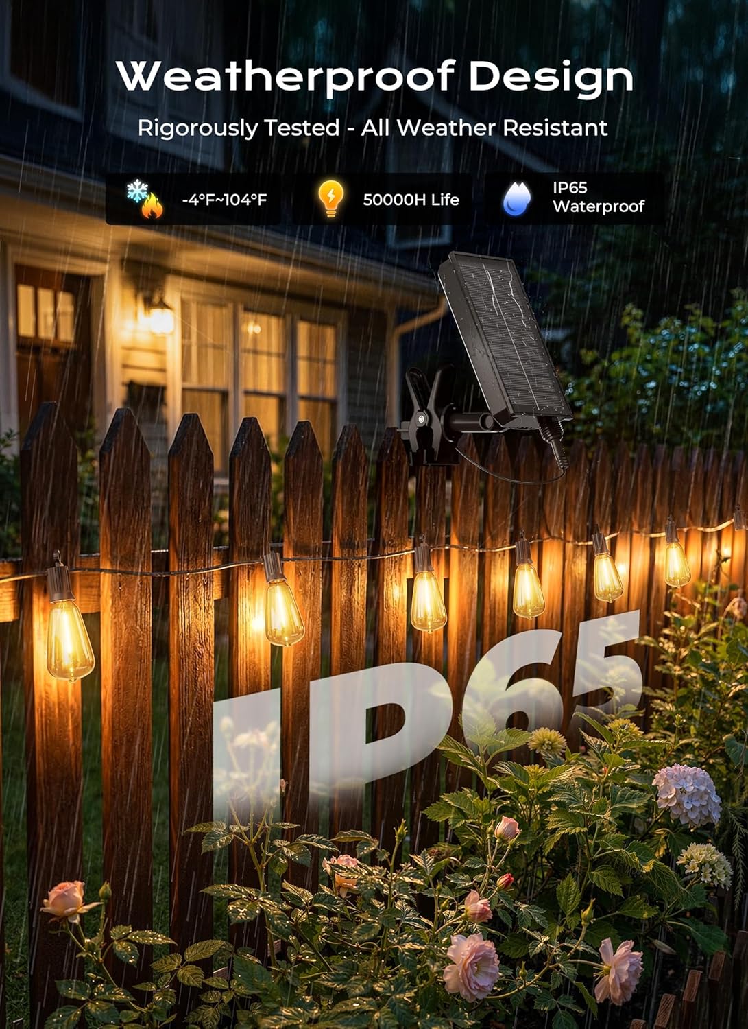 52FT Solar Powered ST38 15+1 Shatterproof LED Blubs String Lights Outdoor for Backyard Porch Deck