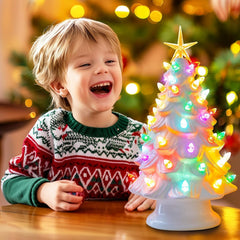 13 Inch Battery Operated Pre-lit Tabletop Ceramic Christmas Tree with Multicolored LED Lights, White