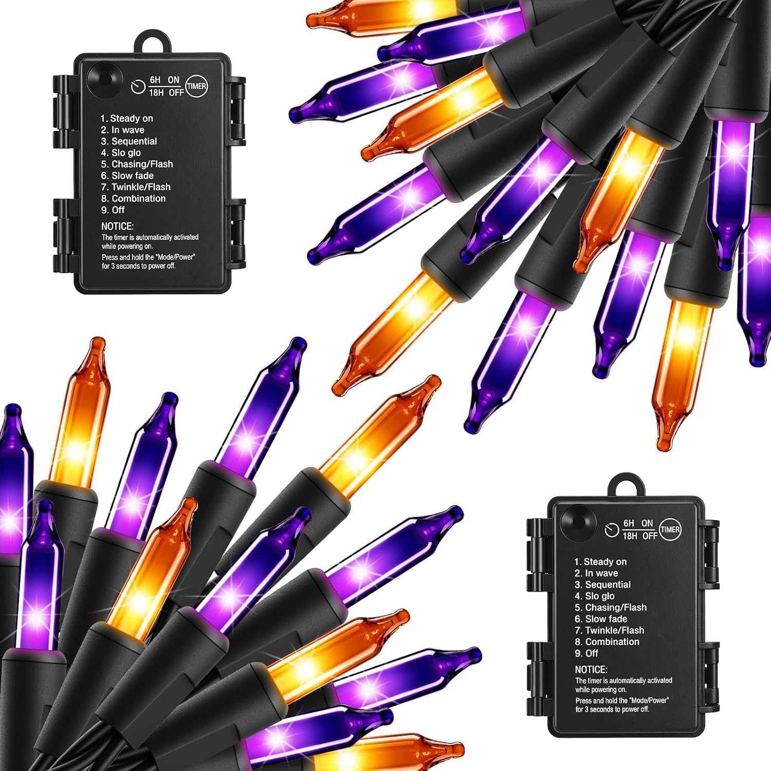 2Pack 35.6FT 100LED Battery Operated Mini Orange Purple Lights for Halloween Party Haunted House, 8 Modes