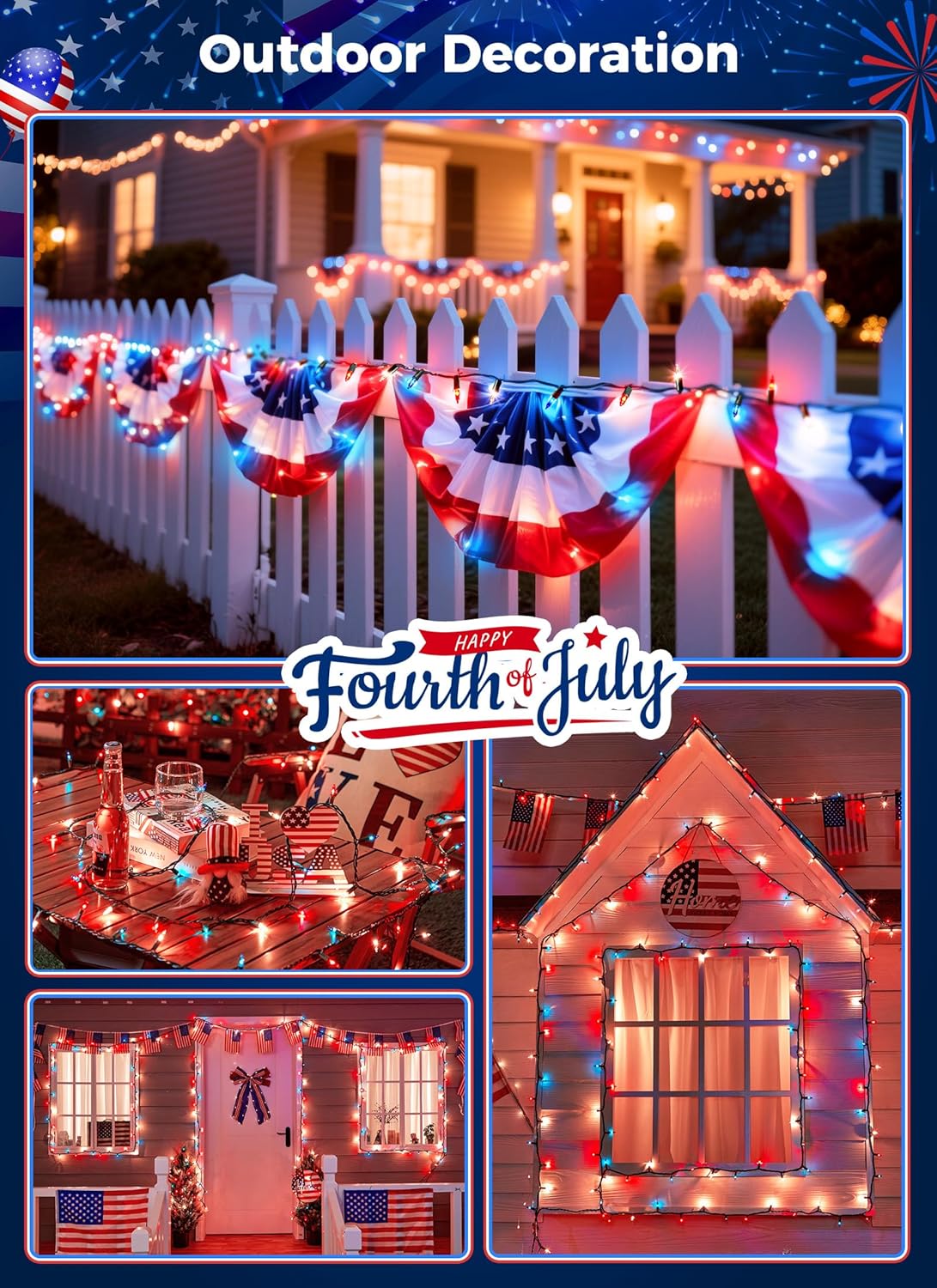 13ft 50 LED Plug in Red White Blue Mini Bulbs String Light for 4th July Independence Day, Green Wire