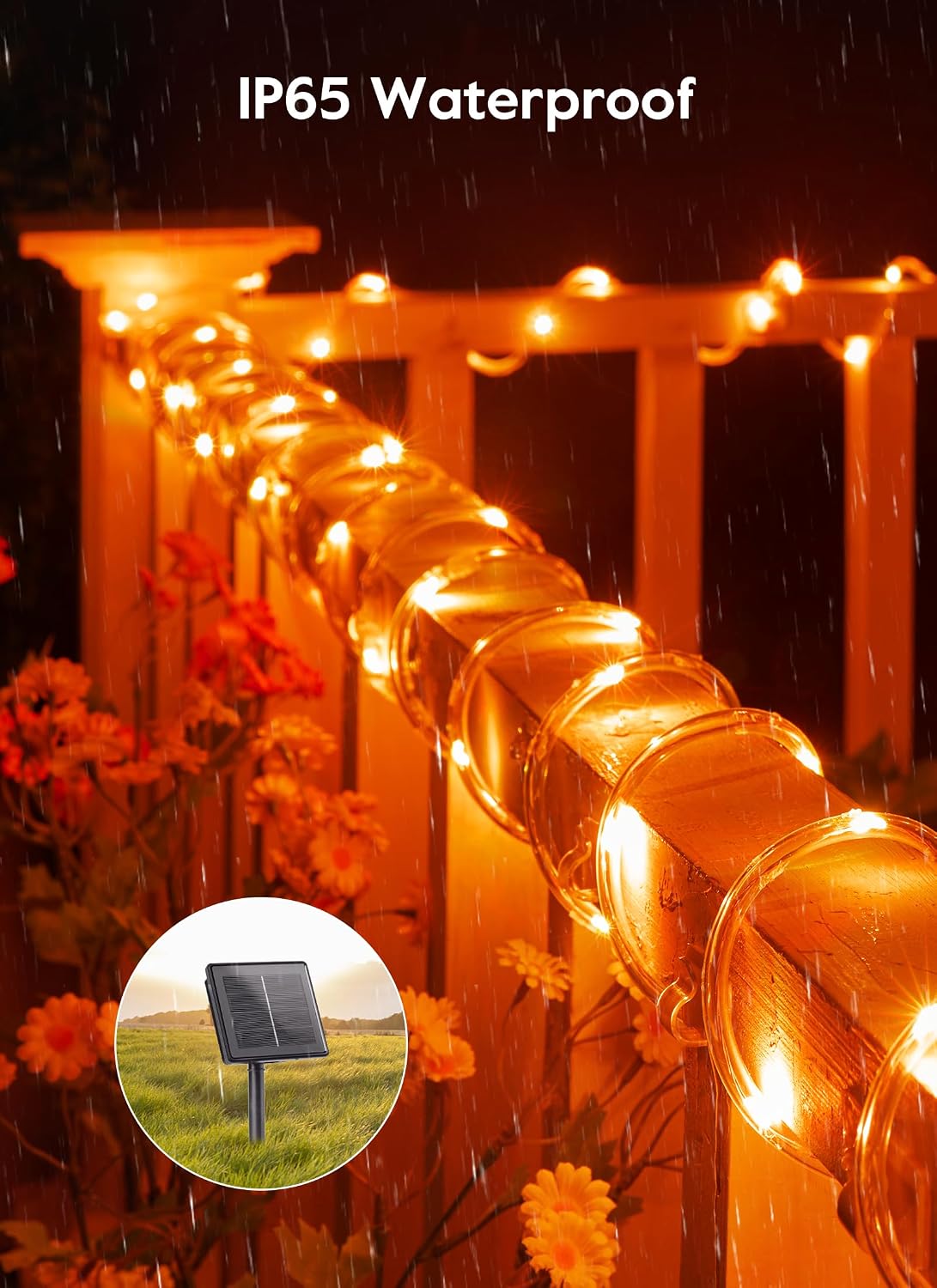 39FT 100LED Solar Rope Lights for Halloween Haunted House Party, 8 Modes, Orange