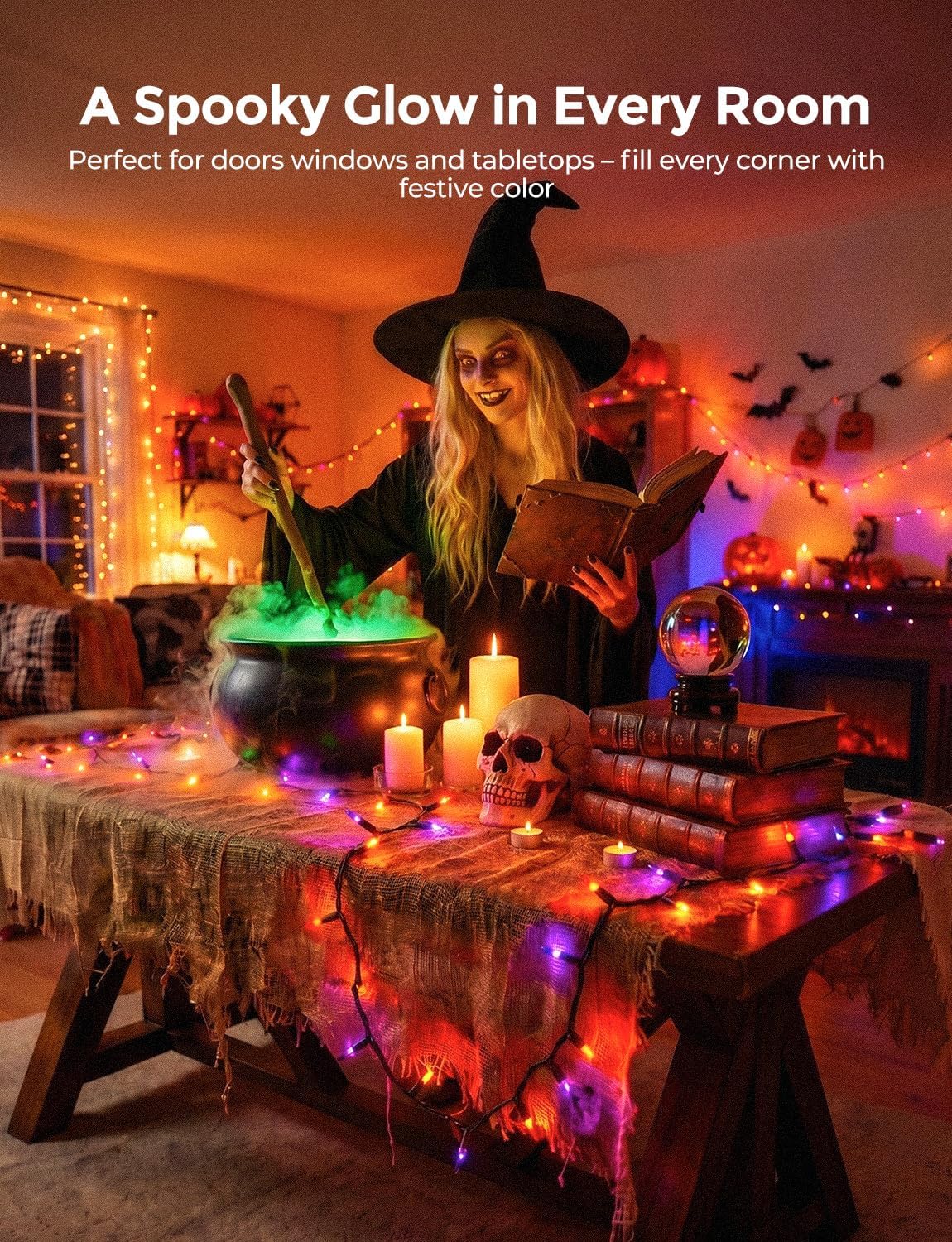 40Ft Plug in Mini Bulbs String Light for Halloween Haunted House Party, Orange & Purple