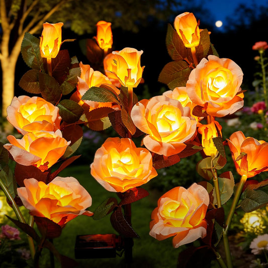 4 Pack Realistic Champagne Rose Flowers Solar Garden Pathway Lights for Yard & Patio Decorations