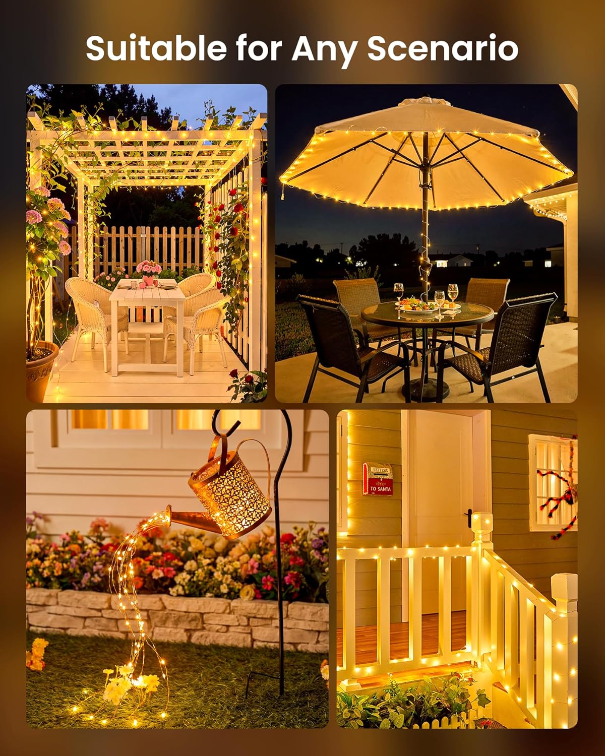 4 Pack Total 132Ft 400 LED Solar String Lights with 8 Modes for Yard Garden Patio, Warm White