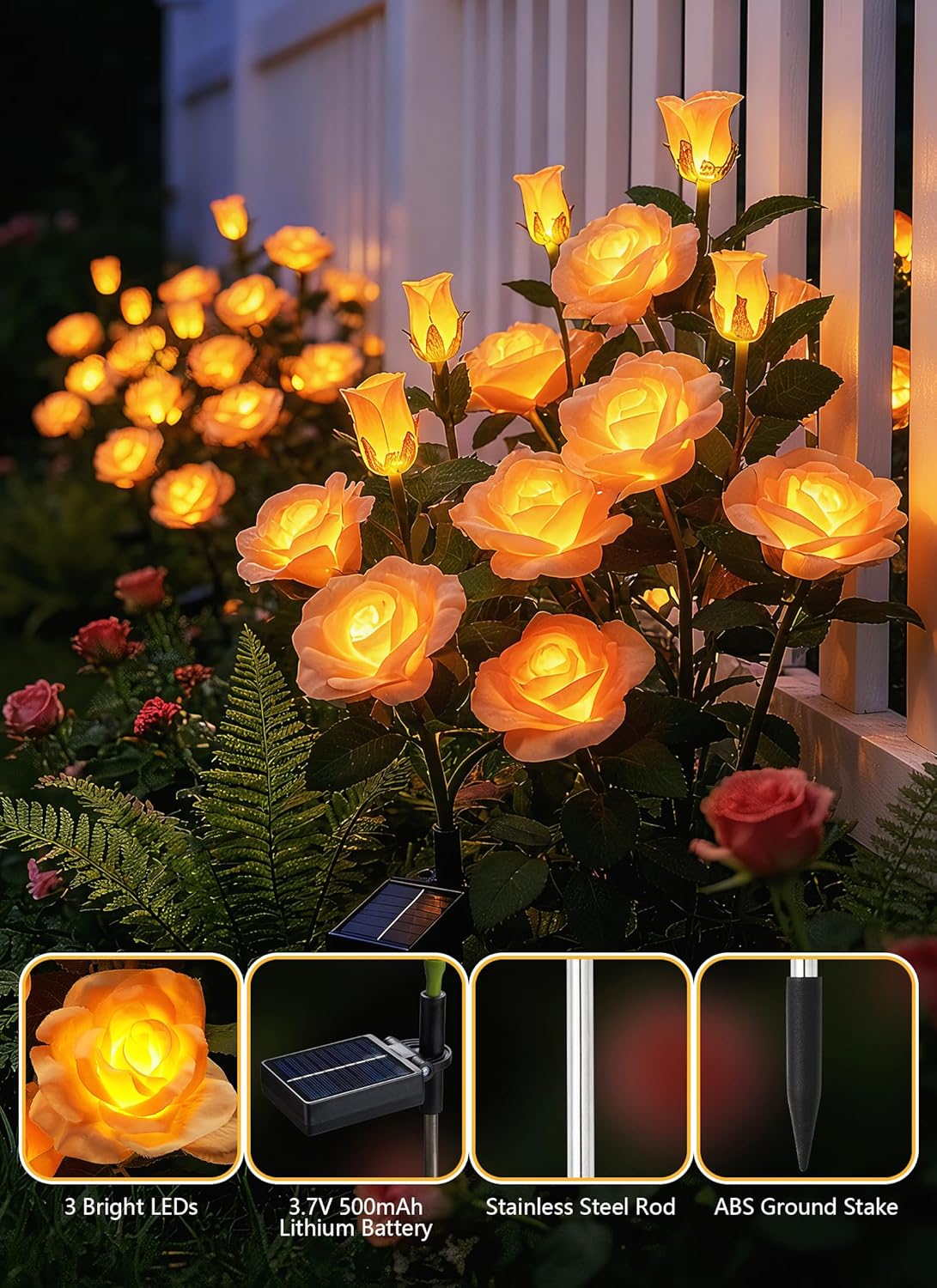4 Pack Realistic Champagne Rose Flowers Solar Garden Pathway Lights for Yard & Patio Decorations