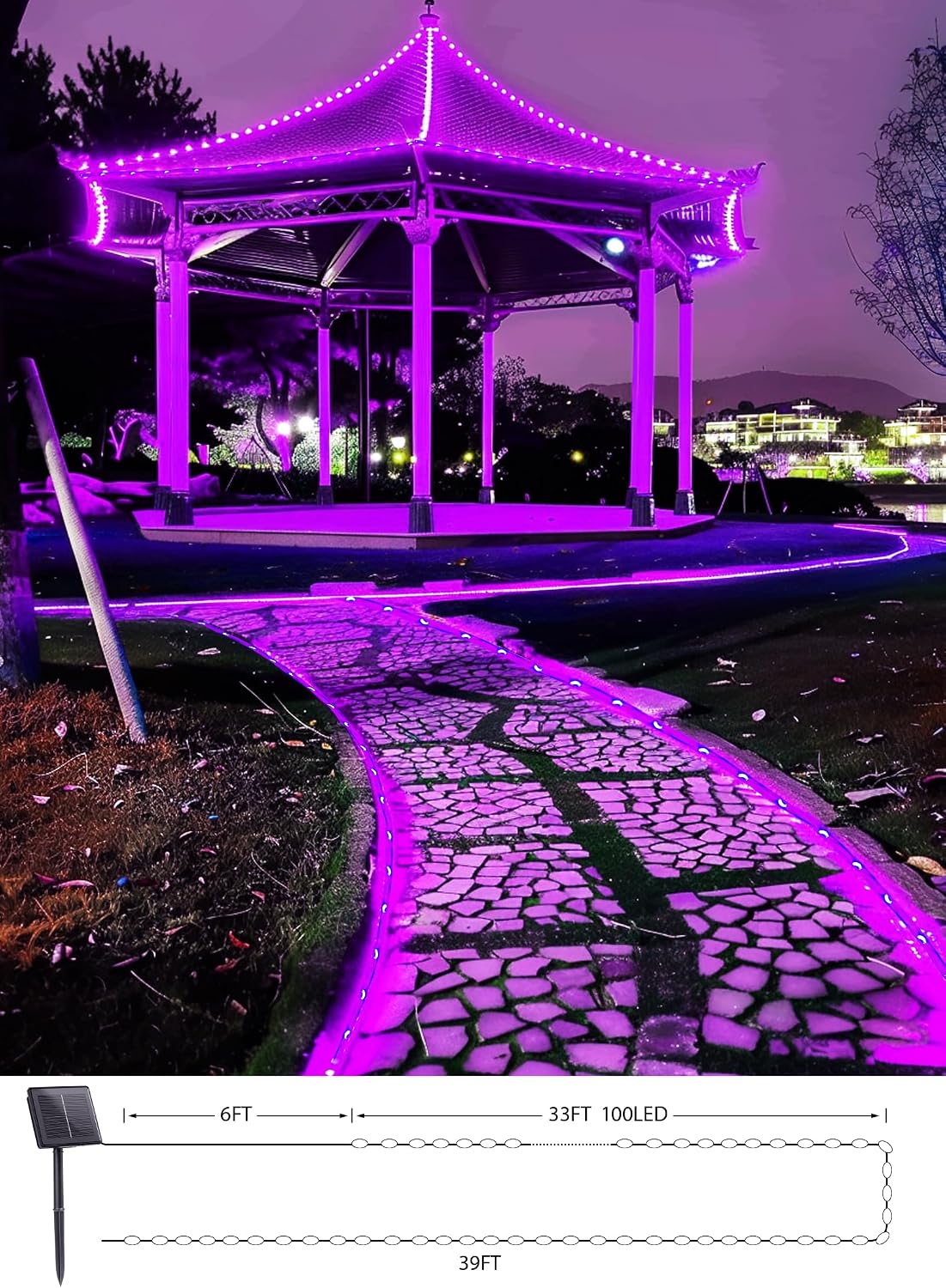 39FT 100LED Solar Rope Lights for Halloween Haunted House Party, 8 Modes, Purple