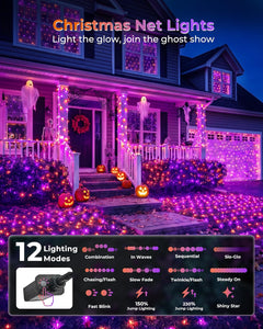 2 Pack 12×5FT 360 LED Halloween Net Lights Outdoor, 12 Light Modes & Timer, Orange & Purple