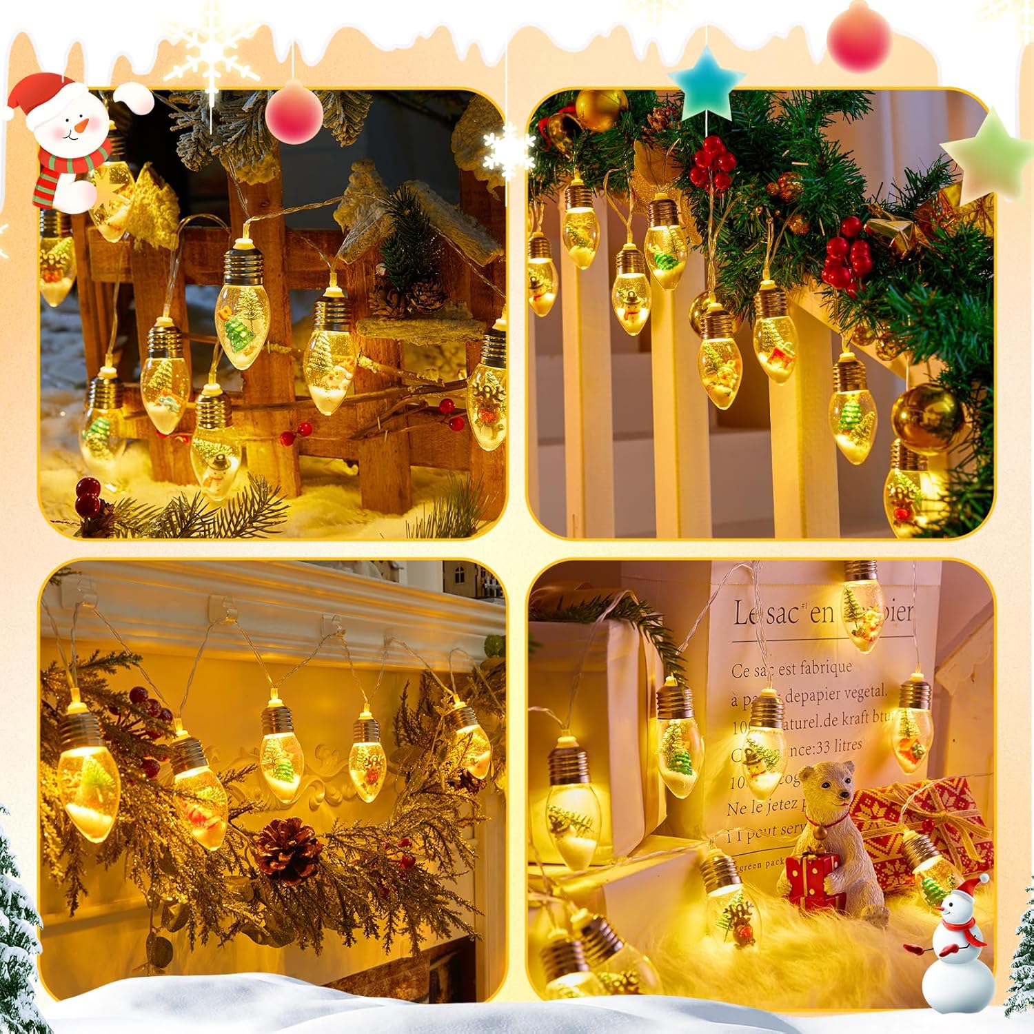 7.5Ft Battery Operated 10 C9 Christmas Snow Globe String Lights with Tree & Snow & Cute Ornaments