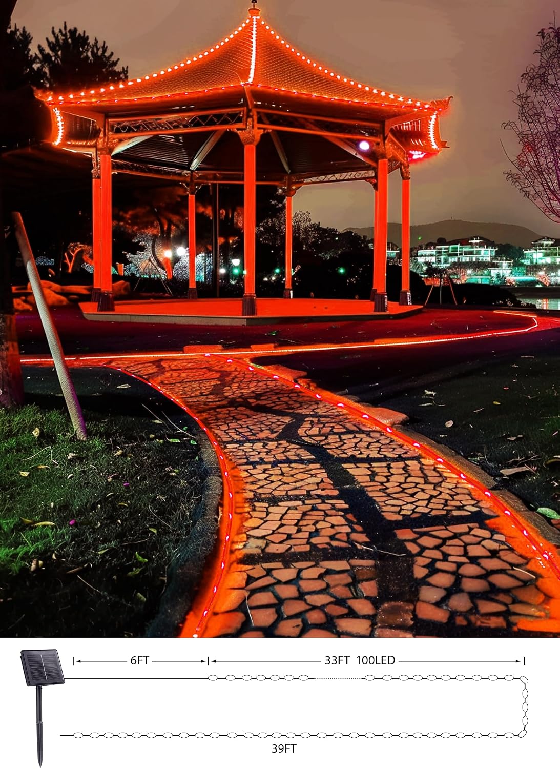 39FT 100LED Solar Rope Lights for Halloween Haunted House Party, 8 Modes, Orange
