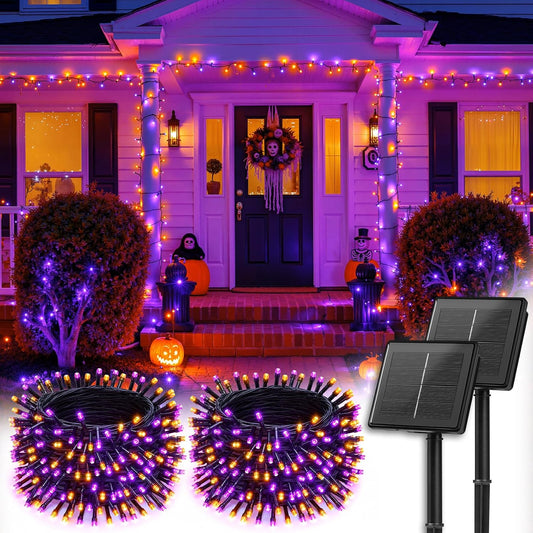 Halloween Solar String Lights Outdoor, Total 144Ft 400 LED, 8 Modes, 2-Pack (Orange&Purple)