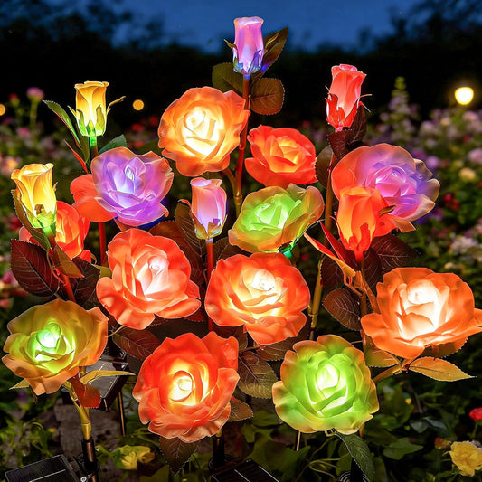 4 Pack Realistic Rose Flowers Solar Garden Pathway Lights for Yard & Patio Decorations, 7 Changing Colors