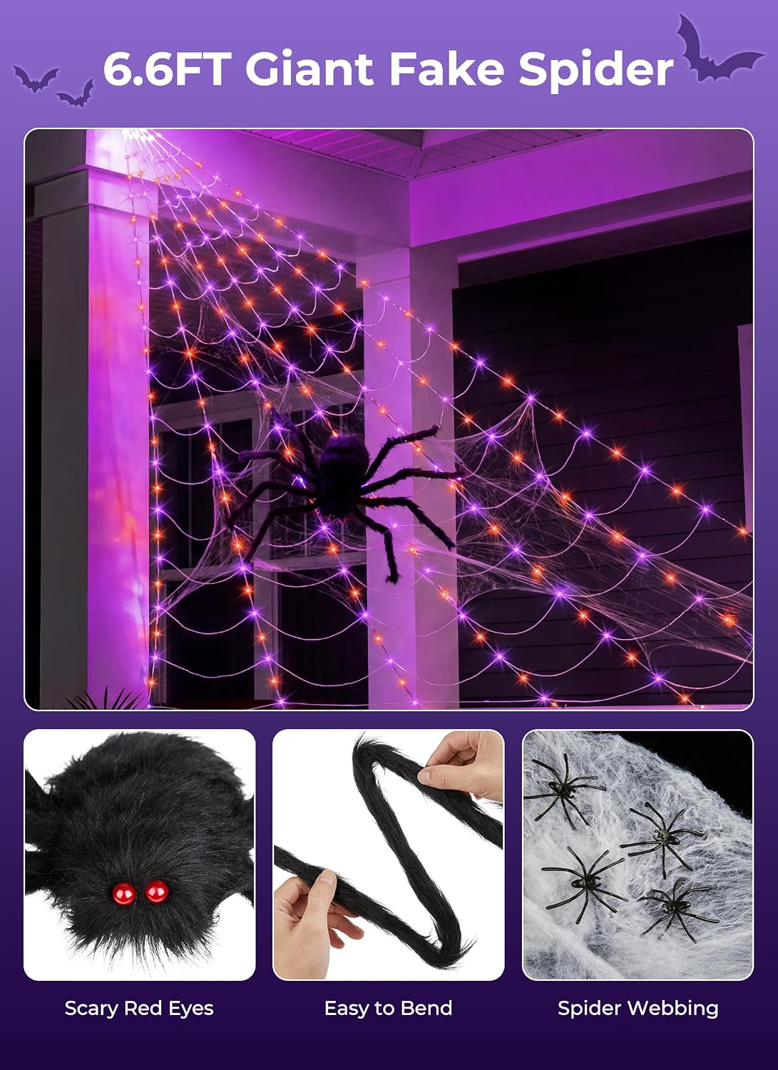 16.4Ft 225 LED Plug in Giant Spider Web Lights Set with Spider for Haunted House Halloween Decor