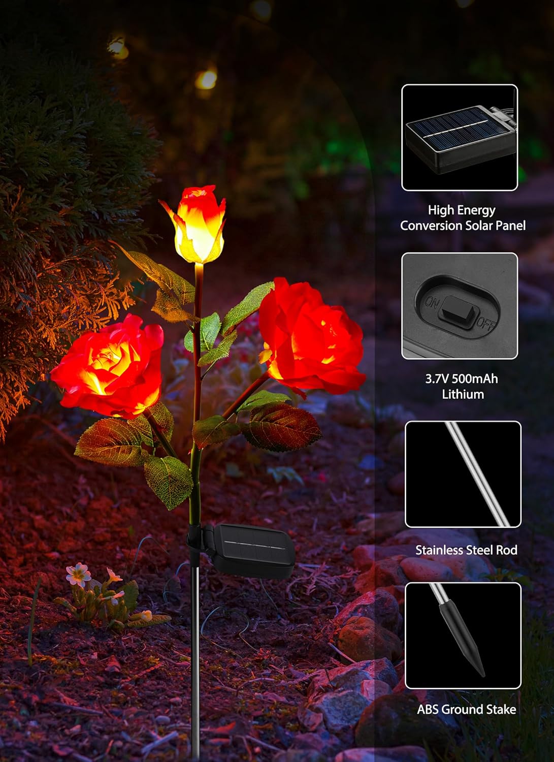 4 Pack Realistic Rose Flowers Solar Garden Pathway Lights for Yard & Patio Decorations, Waterproof