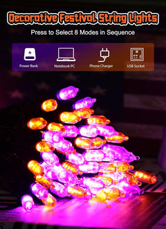 Halloween String Lights - 100 LED, 39FT, USB Powered, Purple & Orange