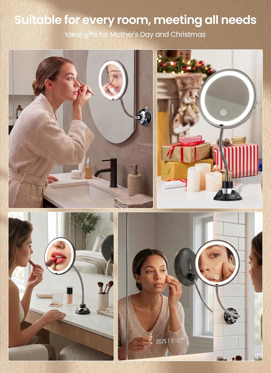 Flexible Gooseneck Battery Operated 10x Makeup Mirror with Lights and Magnification, Black