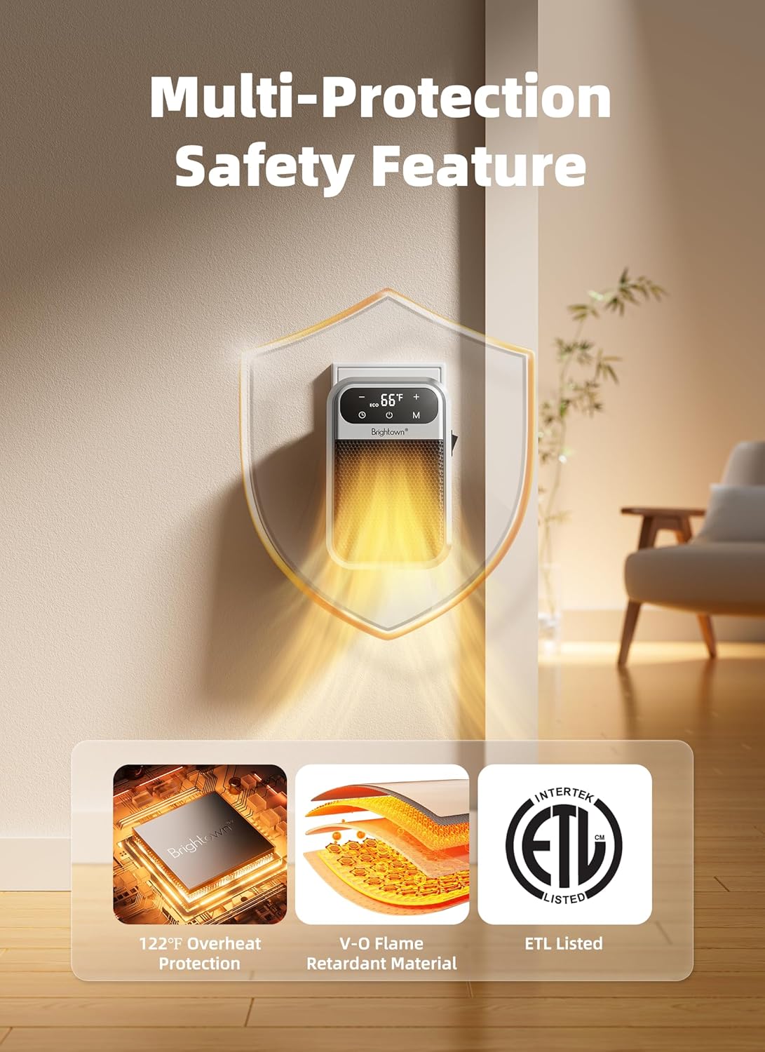 800W Plug in Heater with Remote - Outlet Space Heater with Touch LED Display