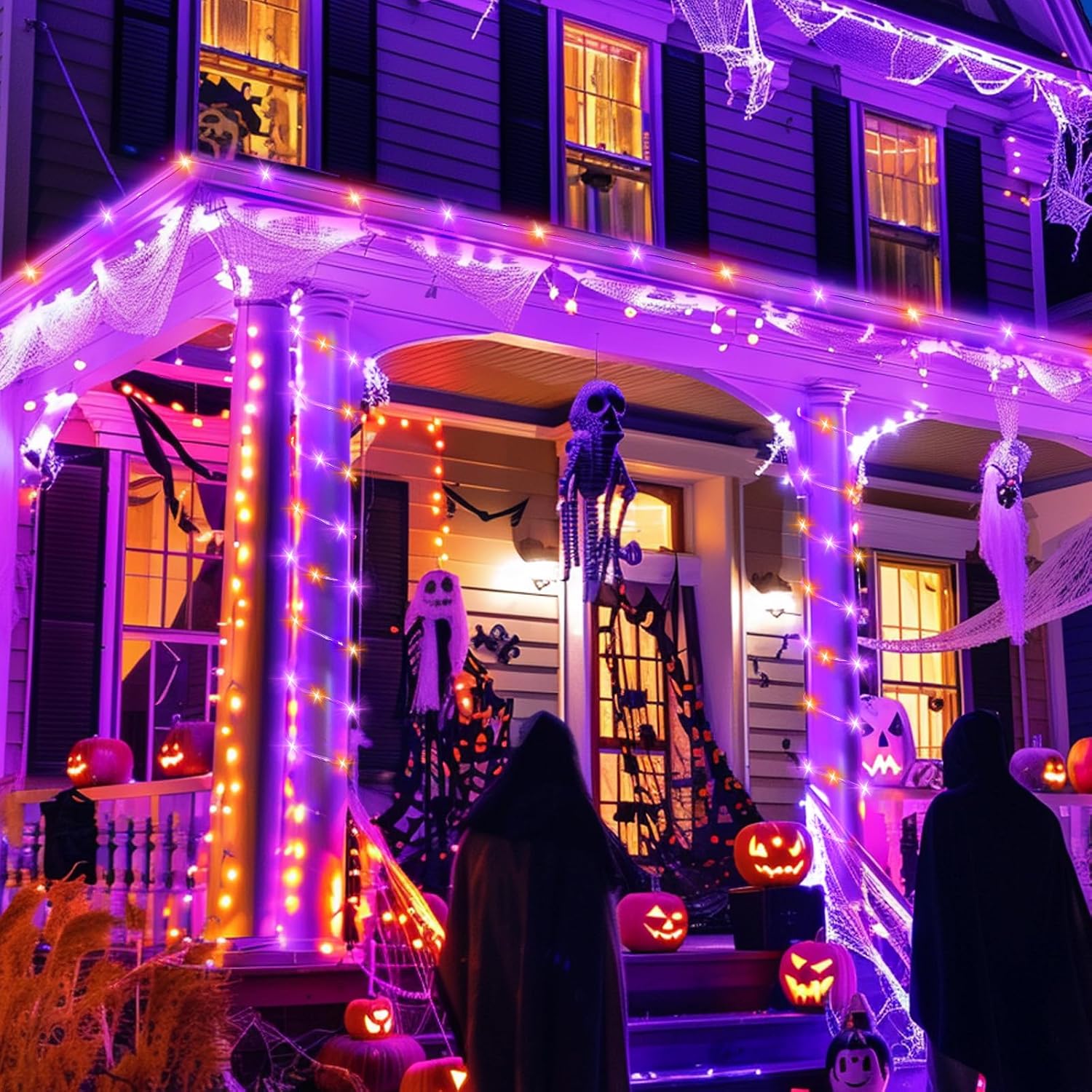 39FT 100LED Solar Rope Lights for Halloween Haunted House Party, 8 Modes, Orange and Purple