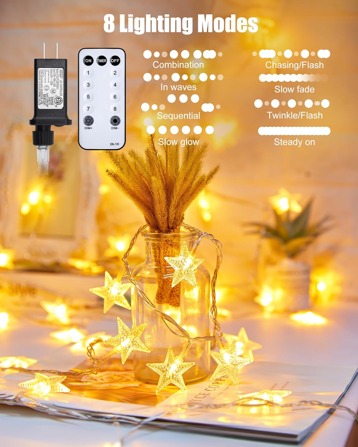 66ft Plug in 200 LED Warm White Stars String Lights with Remote for Holiday Decor, 8 Modes