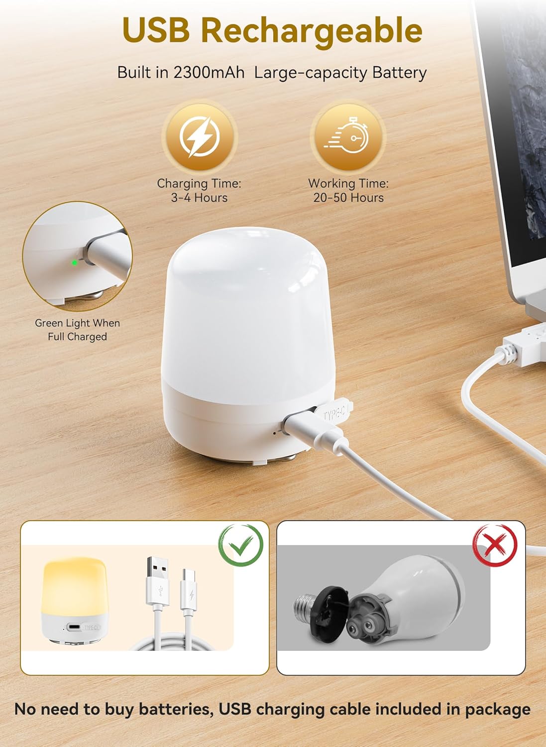 2 Pack E26 Rechargeable 2300mAh Light Bulbs with Remote for Lamps, Timer & 12 Colors