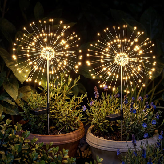 2 Pack 150 LED Firework Solar Powered Stake Lights for Garden Yard Pathway,Warm White