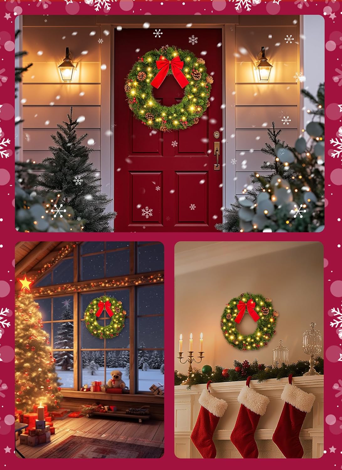 Brightown 24 Inch Pre-Lit Christmas Wreaths for Front Door, IP44 Battery Operated 50 LED Christmas Wreath, Decor with Pinecones Pine Needles Branches Red Berry Mini Bow for Front Door Wall Window