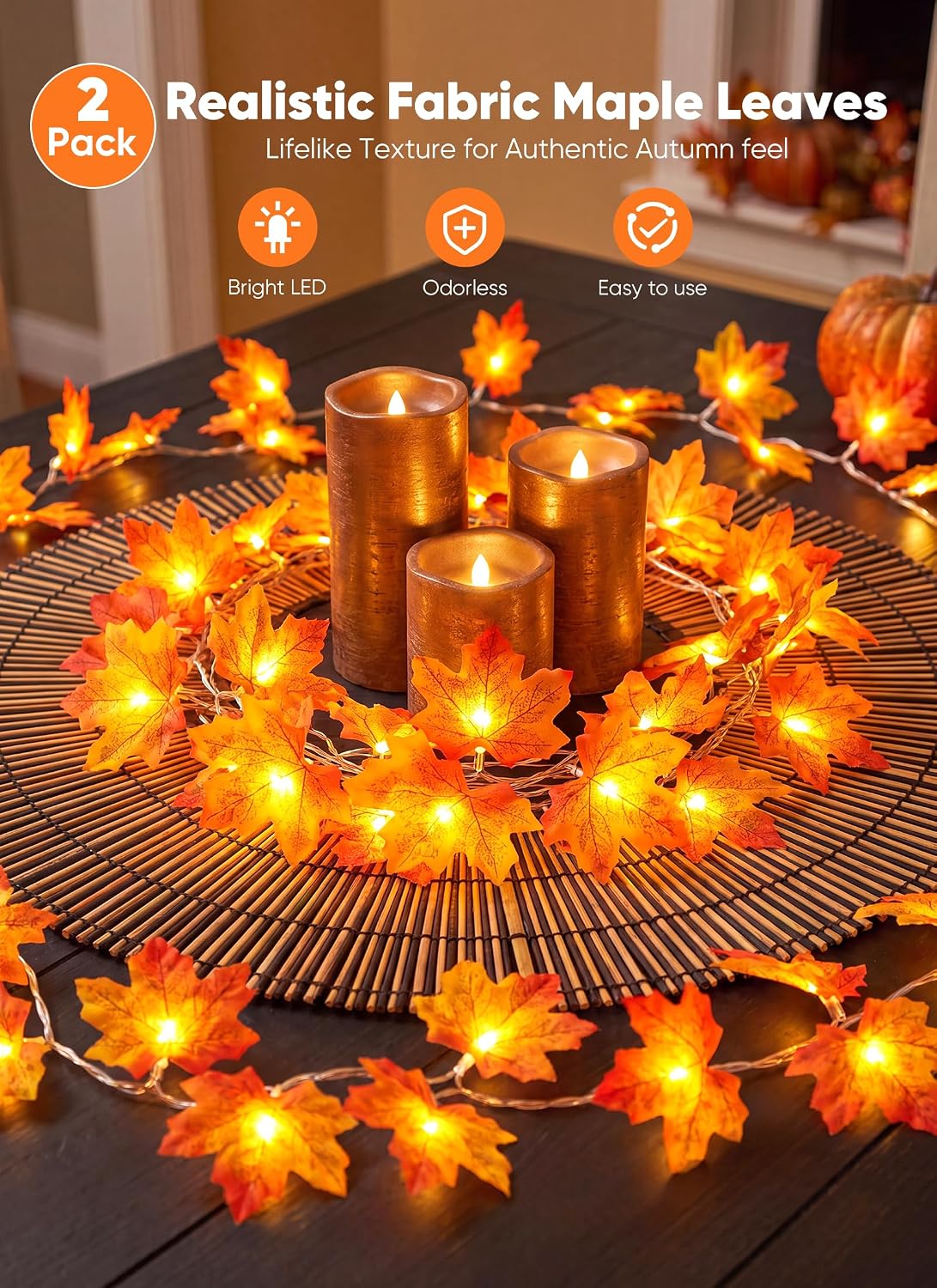 2Pack Total 20Ft 40LED Battery Operated Fall Garland with Lights for Halloween Autumn Fall Decor