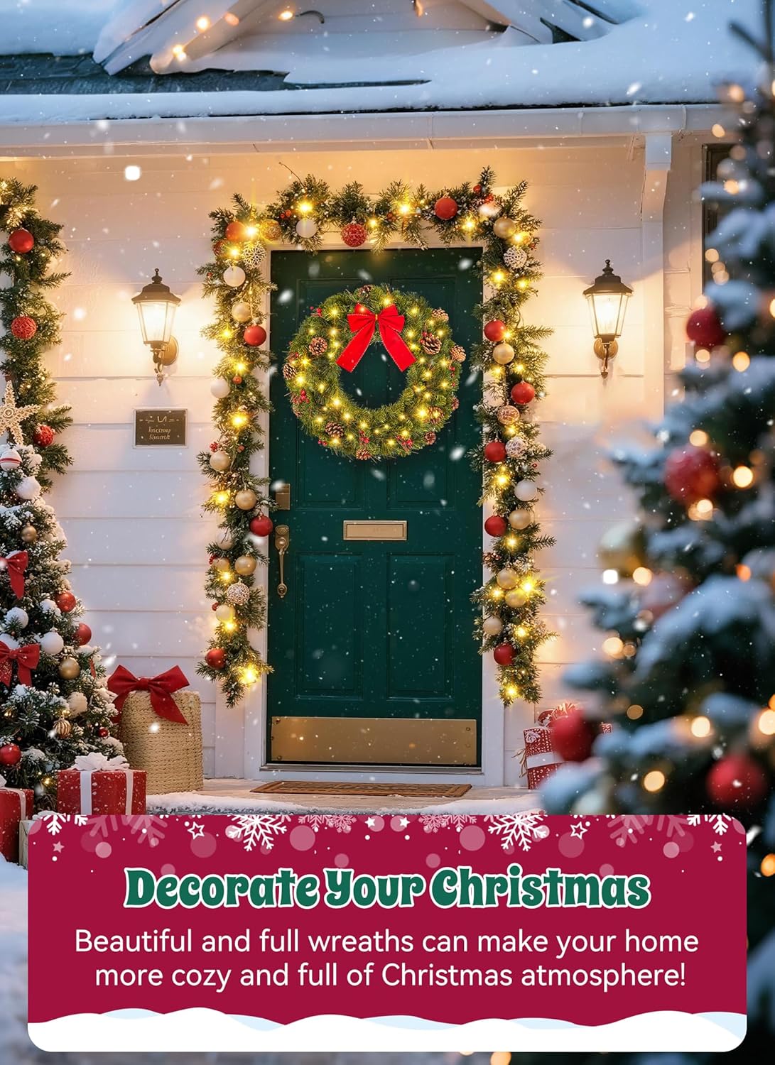 Brightown 24 Inch Pre-Lit Christmas Wreaths for Front Door, IP44 Battery Operated 50 LED Christmas Wreath, Decor with Pinecones Pine Needles Branches Red Berry Mini Bow for Front Door Wall Window