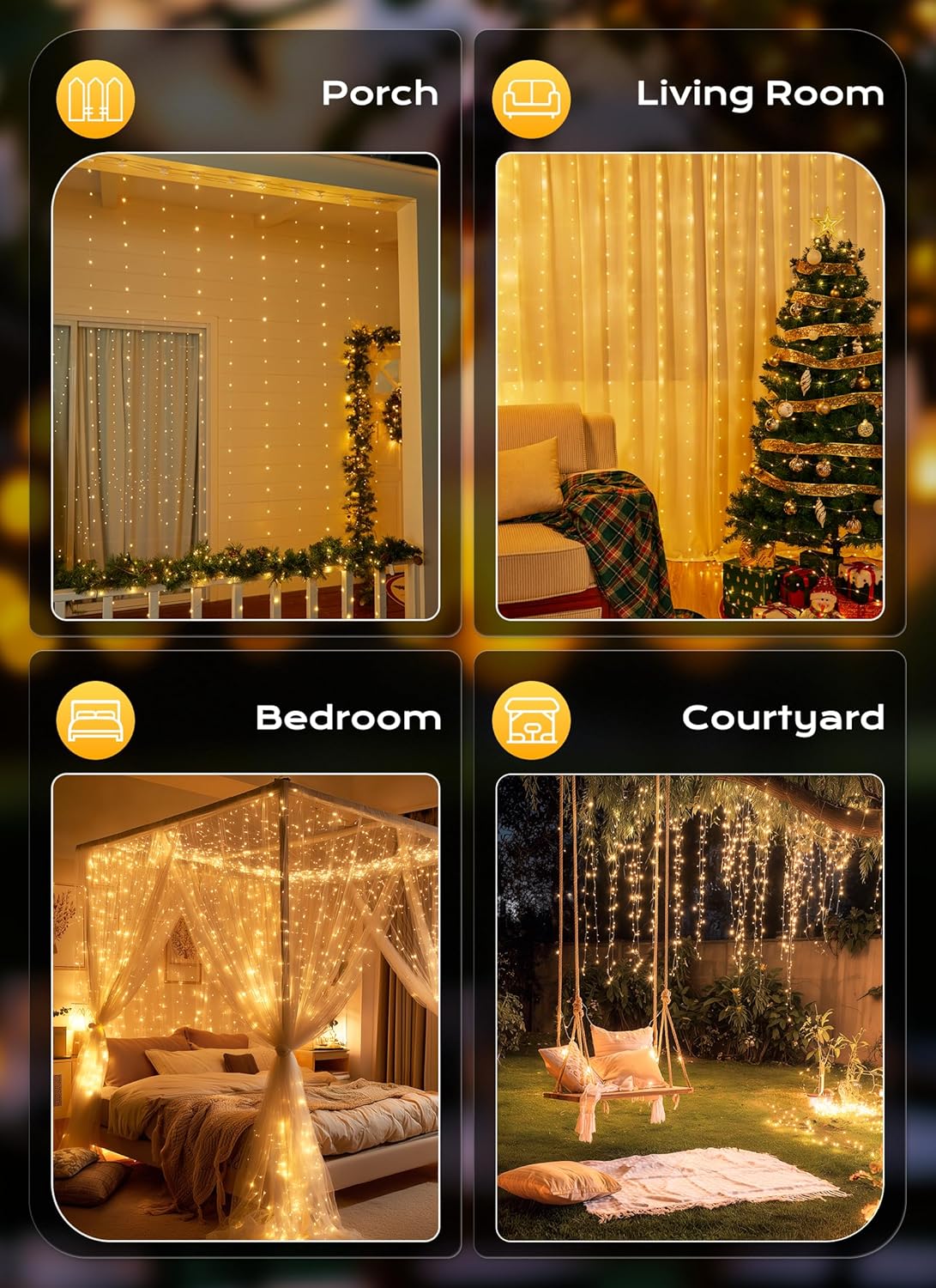 300 LED 9.8ft x 9.8ft Fairy Curtain Lights for Bedroom Christmas Decoration, USB Powered