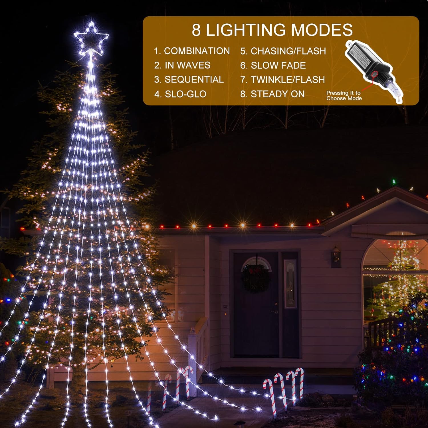 344 LED Waterfall Christmas Tree Lights with 11" Topper Iron Star, Pure White