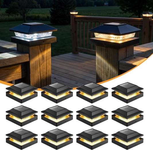 12 Pack Solar Powered Post Fence Cap Lights with 2 Color Modes for Patio Porch Garden, Black