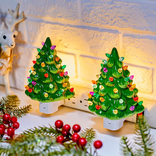 2 Pack Vintage Christmas 6" Decorative Ceramic Tree Night Light for Xmas Bedroom, Green