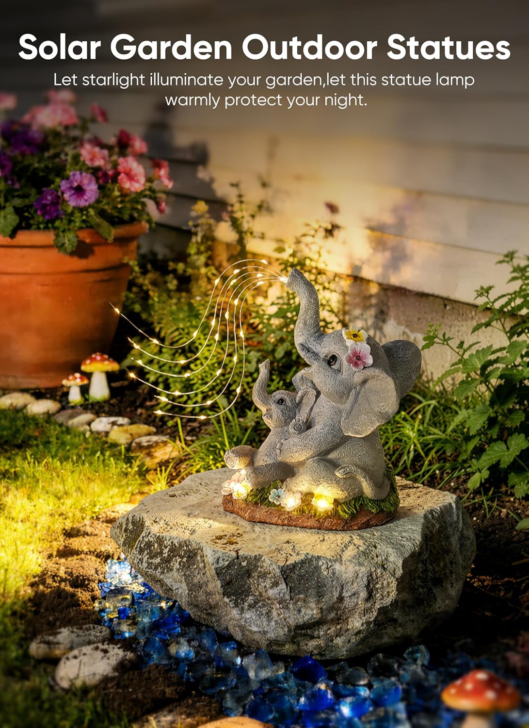 Solar Powered Elephant Statue with DIY LED & 5 Succulent LED Lights for Garden Backyard Decor