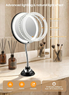 Flexible Gooseneck Battery Operated 10x Makeup Mirror with Lights and Magnification, Black