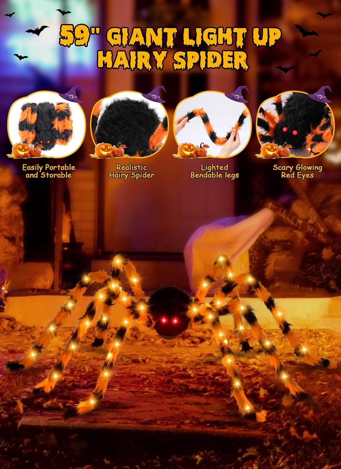 4.9 ft 38 LED Battery Oprated Light Up Black Hairy Giant Spider Halloween Decorations, Orange