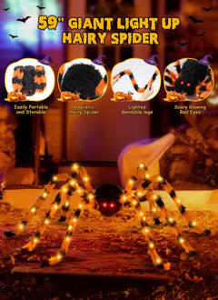 4.9 ft 38 LED Battery Oprated Light Up Black Hairy Giant Spider Halloween Decorations, Orange