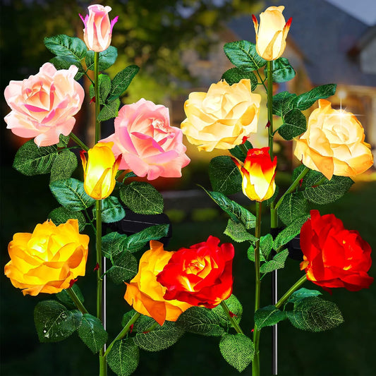 4 Pack Realistic Rose Flowers Solar Garden Pathway Lights for Yard & Patio Decorations, Waterproof