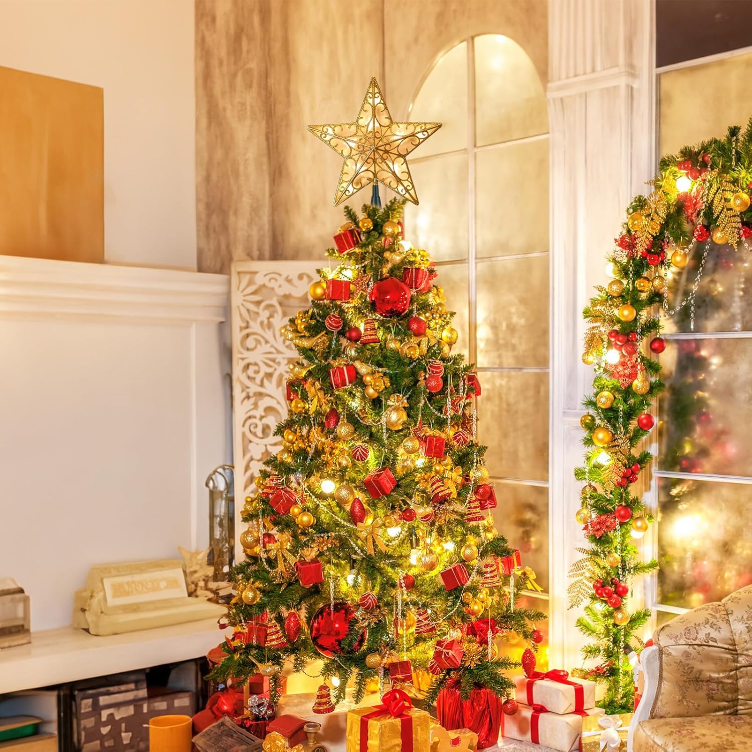 Christmas Star Tree Topper, 9.5 in Plug in Golden Glittered 3D Star Tree Topper, Metal Hollow Designed Built-in 10 Bulbs String Lights for Indoor Office Christmas New Year Holiday Tree Decoration