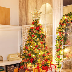 Christmas Star Tree Topper, 9.5 in Plug in Golden Glittered 3D Star Tree Topper, Metal Hollow Designed Built-in 10 Bulbs String Lights for Indoor Office Christmas New Year Holiday Tree Decoration