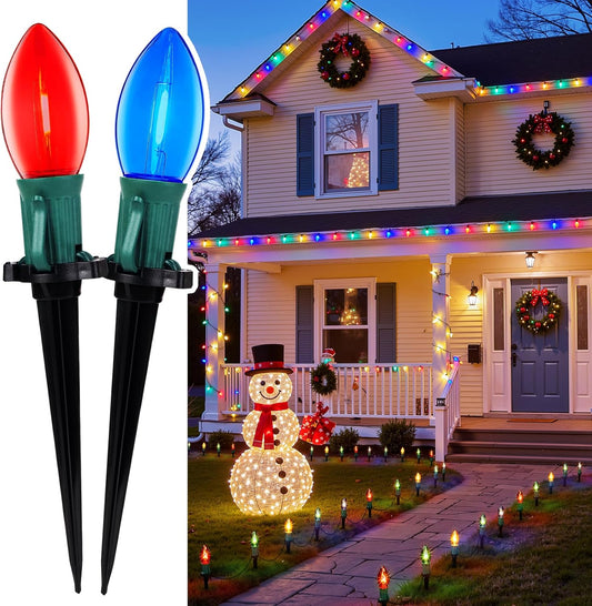 2 Packs Total 51.4 Ft Plug in Christmas Pathway Lights with 40 LED Bulbs and Stakes, Multicolor